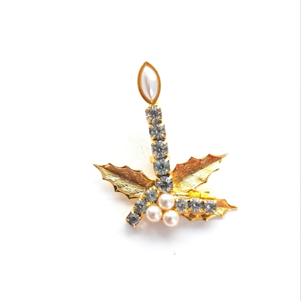 Vintage Estate Gold Tone Holiday Candle Rhinestone Faux Pearl Christmas Brooch